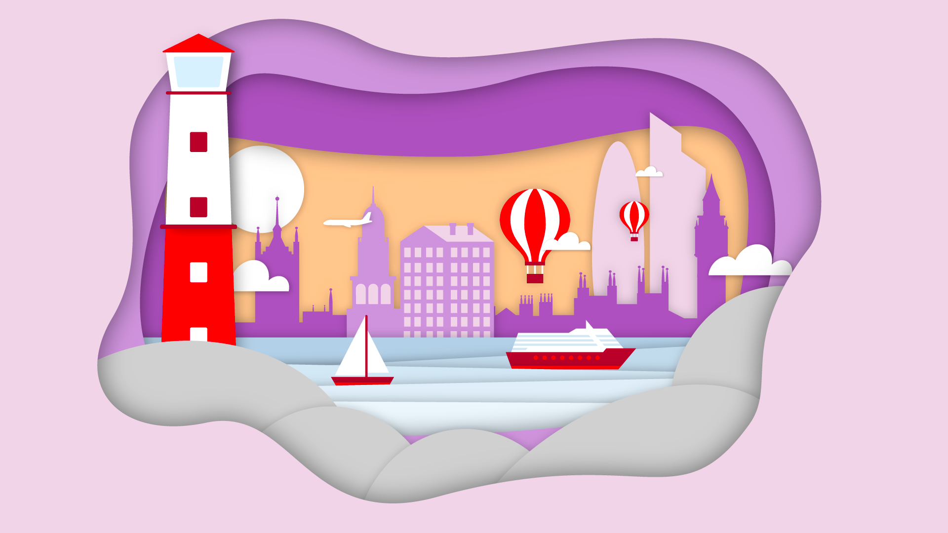 a city landscape with hot air balloons and a lighthouse.